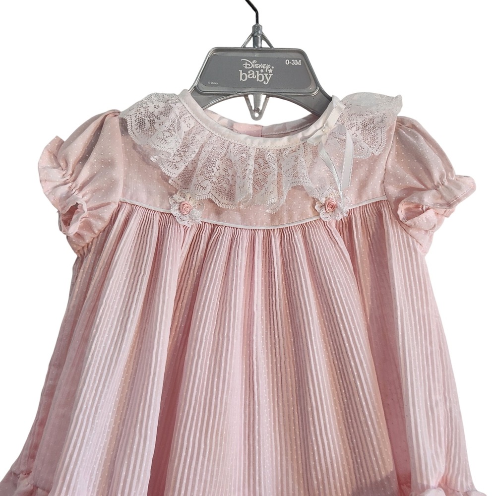 Roanna Vintage Pink Lace Collar Pleated Baby Dress 6-9 Months Made in USA 80s